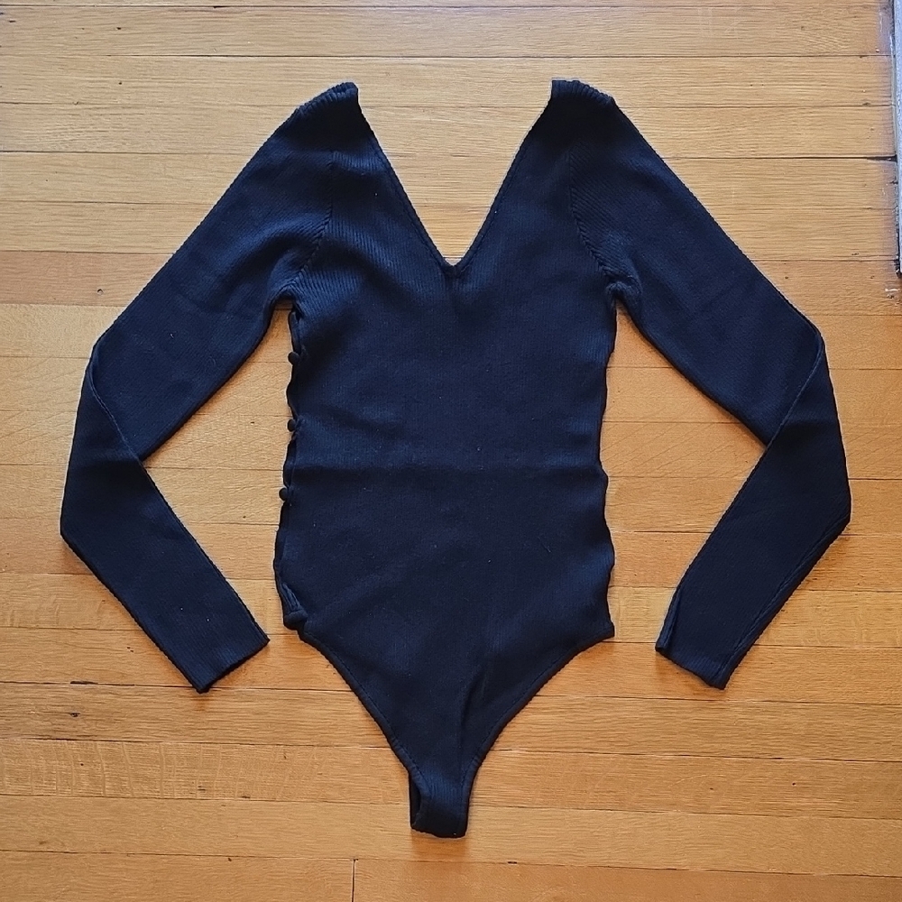 NWT, Lulus, Black Ribbed Knit Side Button, Long Sleeve Bodysuit, Women's L